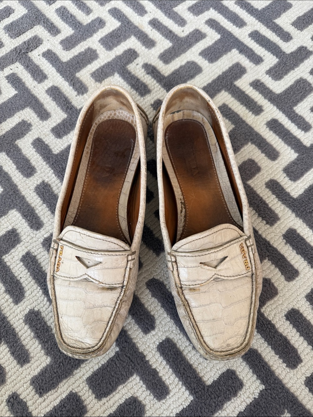 Prada White Croc-Embossed Leather Penny Loafers - Women's Flats